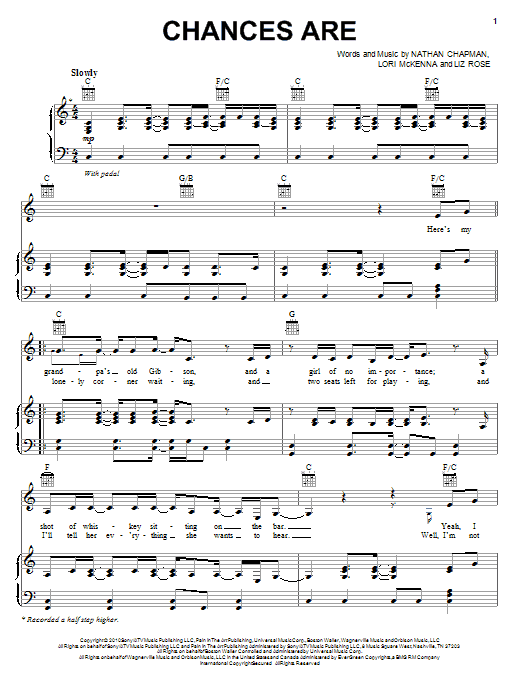 Garrett Hedlund Chances Are sheet music notes and chords arranged for Piano, Vocal & Guitar Chords (Right-Hand Melody)