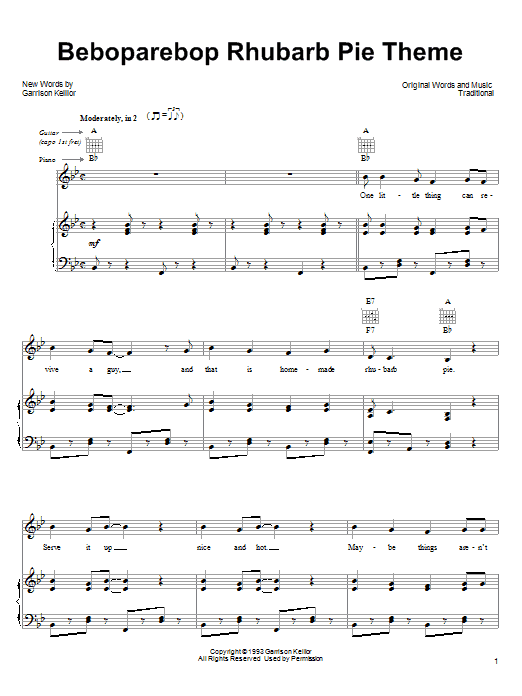 Garrison Keillor Beboparebop Rhubarb Pie Theme sheet music notes and chords arranged for Piano, Vocal & Guitar Chords (Right-Hand Melody)