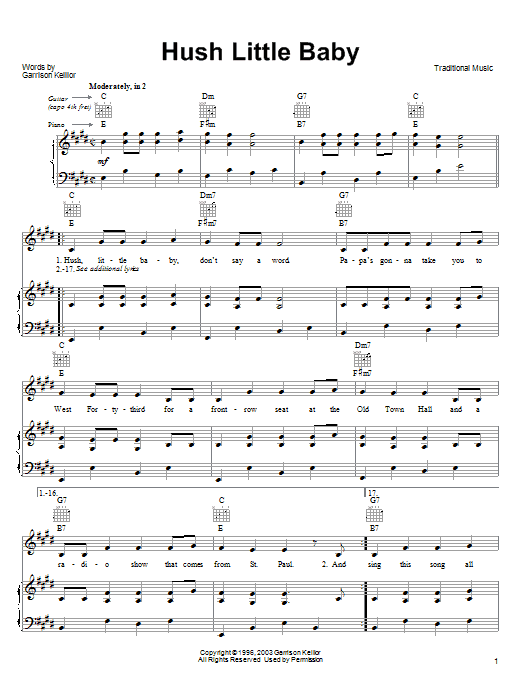 Garrison Keillor Hush Little Baby sheet music notes and chords arranged for Piano, Vocal & Guitar Chords (Right-Hand Melody)