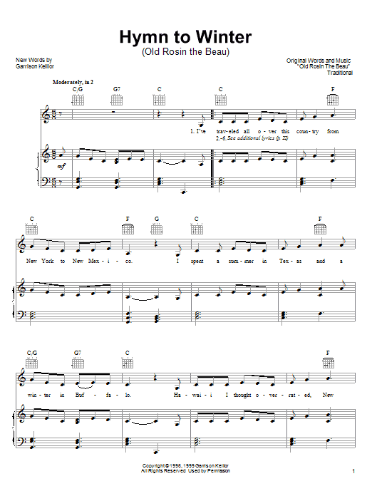 Garrison Keillor Hymn To Winter sheet music notes and chords arranged for Piano, Vocal & Guitar Chords (Right-Hand Melody)