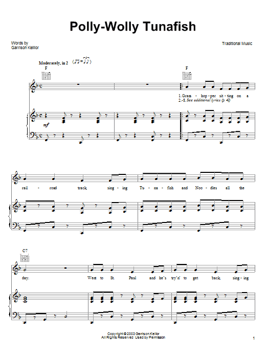 Garrison Keillor Polly-Wolly Tunafish sheet music notes and chords arranged for Piano, Vocal & Guitar Chords (Right-Hand Melody)