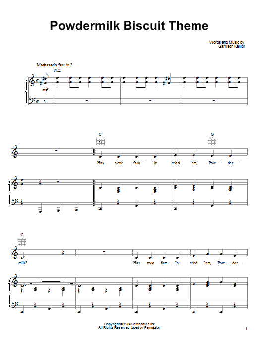 Garrison Keillor Powdermilk Biscuit Theme sheet music notes and chords arranged for Piano, Vocal & Guitar Chords (Right-Hand Melody)