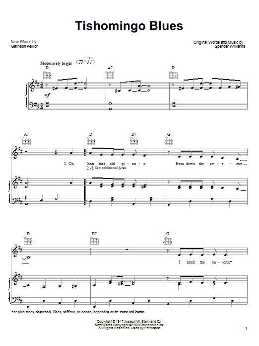Garrison Keillor Tishomingo Blues sheet music notes and chords arranged for Piano, Vocal & Guitar Chords (Right-Hand Melody)