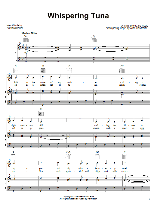 Garrison Keillor Whispering Tuna sheet music notes and chords arranged for Piano, Vocal & Guitar Chords (Right-Hand Melody)