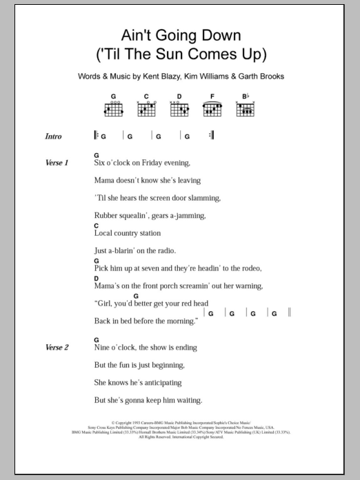 Garth Brooks Ain't Going Down (Til The Sun Comes Up) sheet music notes and chords. Download Printable PDF.