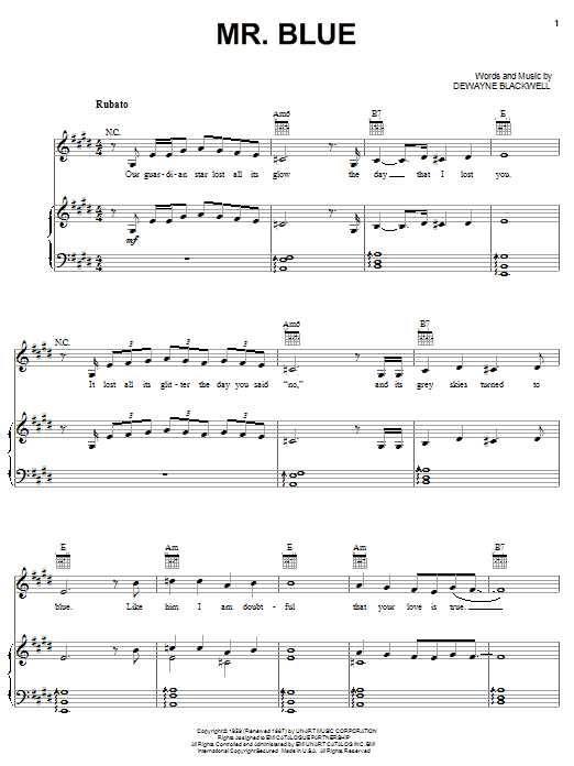Learn to play Garth Brooks Mr. Blue sheet music for Piano, Vocal & Guitar Chords (Right-Hand Melody) in minutes. Price: 7.8900$ Garth Brooks Mr. Blue sheet music notes and chords arranged for Piano, Vocal & Guitar Chords (Right-Hand Melody)