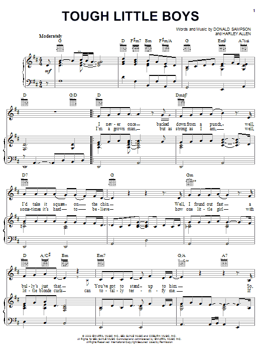 Learn to play Gary Allan Tough Little Boys sheet music for Piano, Vocal & Guitar Chords (Right-Hand Melody) in minutes. Price: 7.8900$ Gary Allan Tough Little Boys sheet music notes and chords arranged for Piano, Vocal & Guitar Chords (Right-Hand Melody)