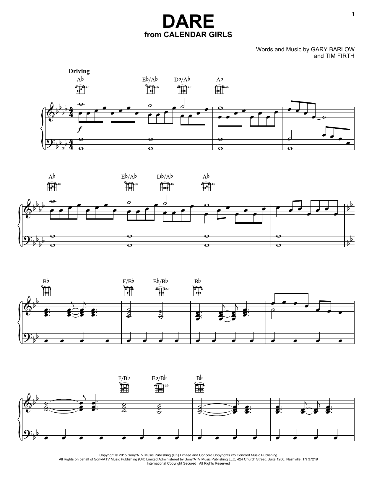 Gary Barlow and Tim Firth Dare (from Calendar Girls the Musical) sheet music notes and chords. Download Printable PDF.