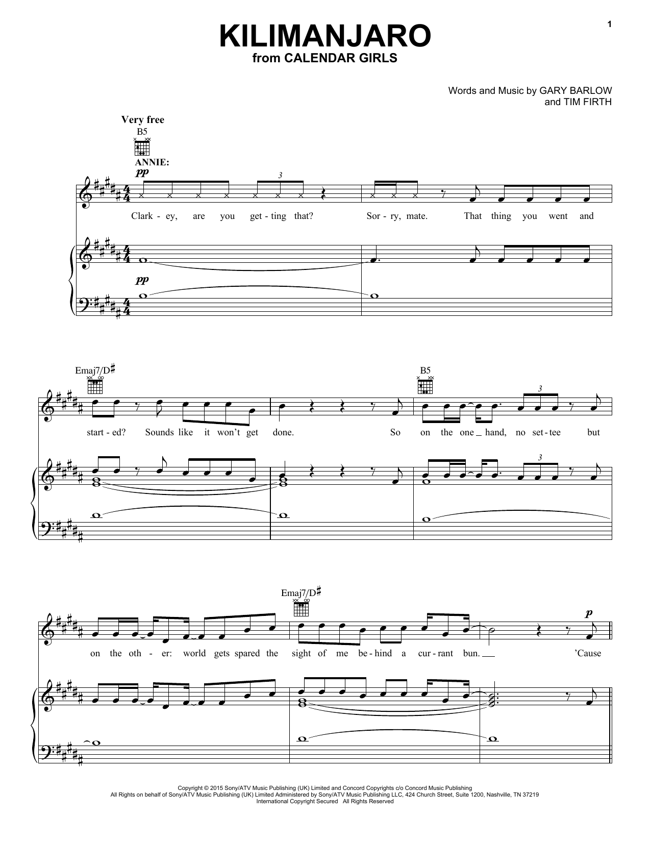 Gary Barlow and Tim Firth Kilimanjaro (from Calendar Girls the Musical) sheet music notes and chords. Download Printable PDF.