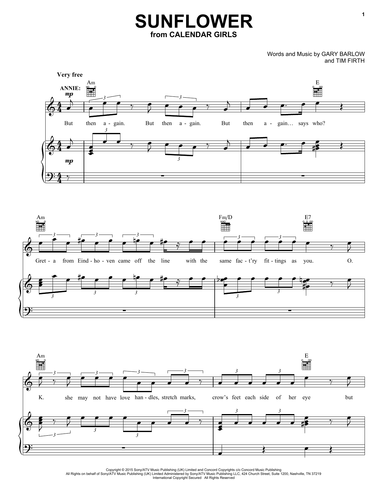 Learn to play Gary Barlow and Tim Firth Sunflower (from Calendar Girls the Musical) sheet music for Piano, Vocal & Guitar Chords (Right-Hand Melody) in minutes. Price: 7.8900$ Gary Barlow and Tim Firth Sunflower (from Calendar Girls the Musical) sheet music notes and chords arranged for Piano, Vocal & Guitar Chords (Right-Hand Melody)