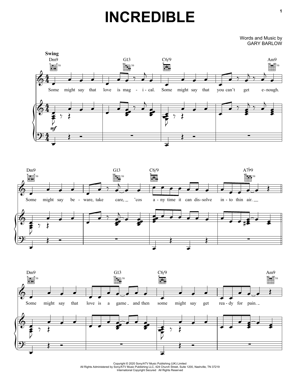 Gary Barlow Incredible sheet music notes and chords. Download Printable PDF.