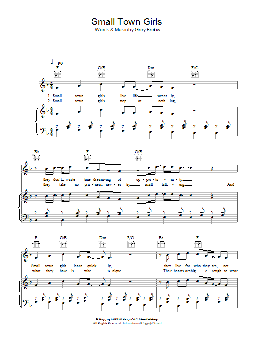 Learn to play Gary Barlow Small Town Girls sheet music for Piano, Vocal & Guitar Chords in minutes. Price: 7.8900$ Gary Barlow Small Town Girls sheet music notes and chords arranged for Piano, Vocal & Guitar Chords