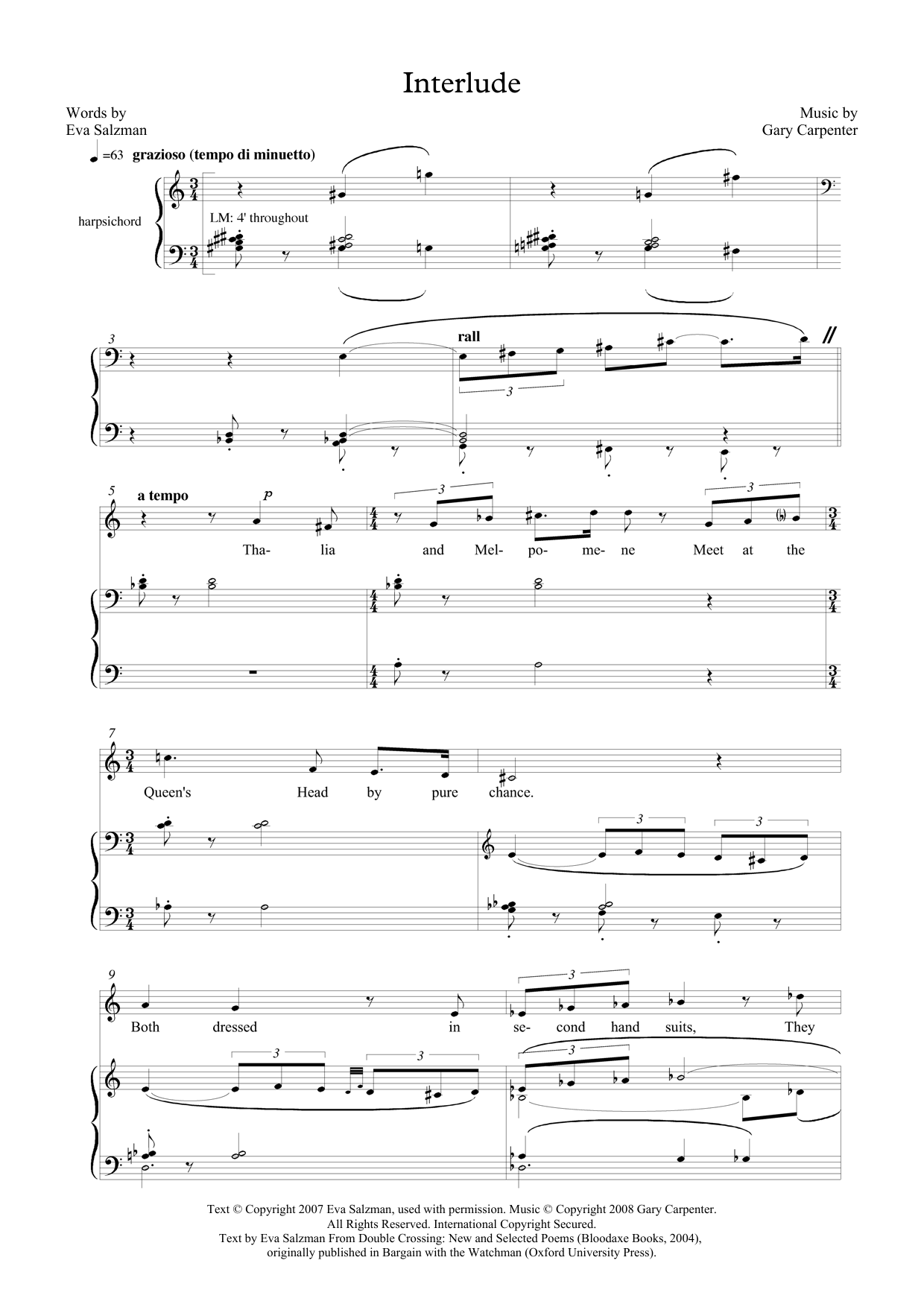 Gary Carpenter Interlude (for mezzo-soprano & harpsichord) sheet music notes and chords arranged for Piano & Vocal