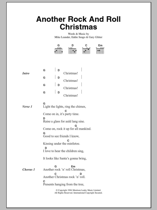 Gary Glitter Another Rock And Roll Christmas sheet music notes and chords arranged for Piano, Vocal & Guitar Chords