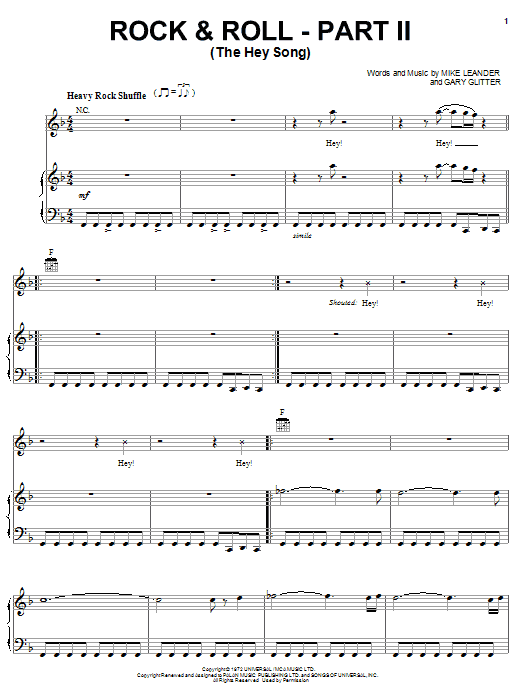 Learn to play Gary Glitter Rock & Roll - Part II (The Hey Song) sheet music for Piano, Vocal & Guitar Chords (Right-Hand Melody) in minutes. Price: 7.8900$ Gary Glitter Rock & Roll - Part II (The Hey Song) sheet music notes and chords arranged for Piano, Vocal & Guitar Chords (Right-Hand Melody)
