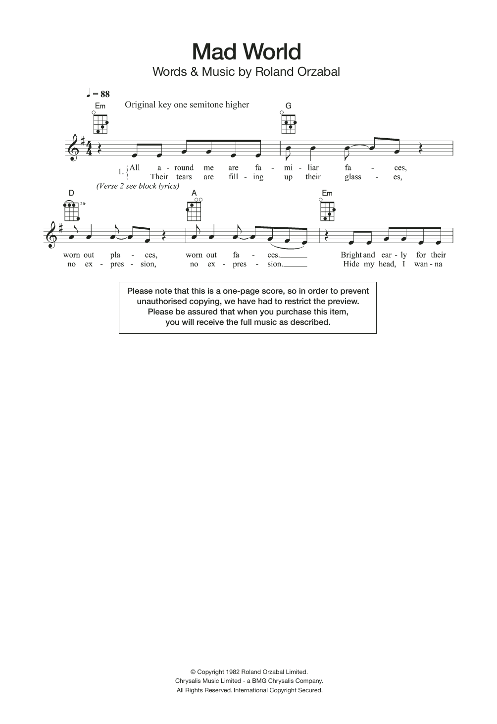 Learn to play Michael Andrews Mad World (feat. Gary Jules) sheet music for Ukulele in minutes. Price: 5.9900$ Michael Andrews Mad World (feat. Gary Jules) sheet music notes and chords arranged for Ukulele