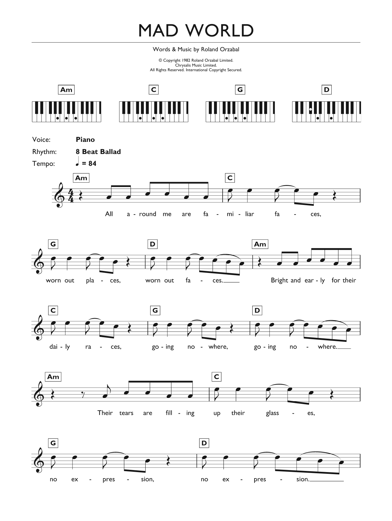 Gary Jules & Michael Andrews Mad World (from Donnie Darko) sheet music notes and chords. Download Printable PDF.