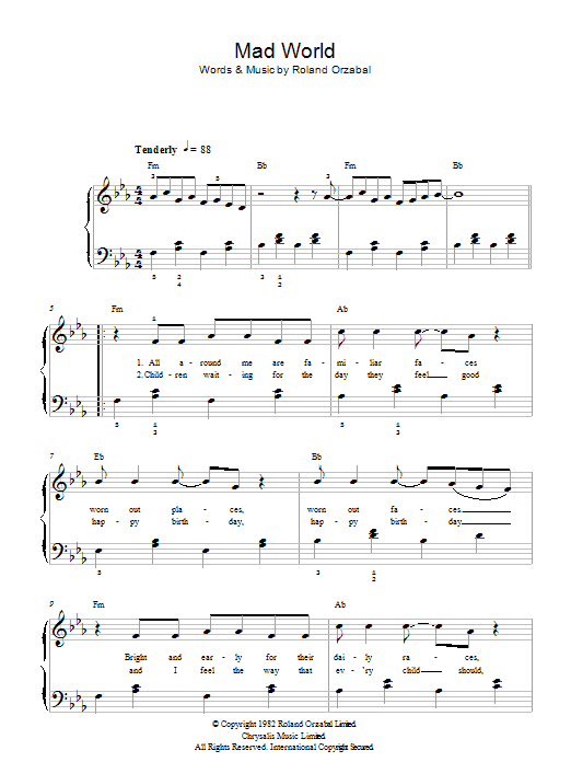 Gary Jules Mad World sheet music notes and chords. Download Printable PDF.