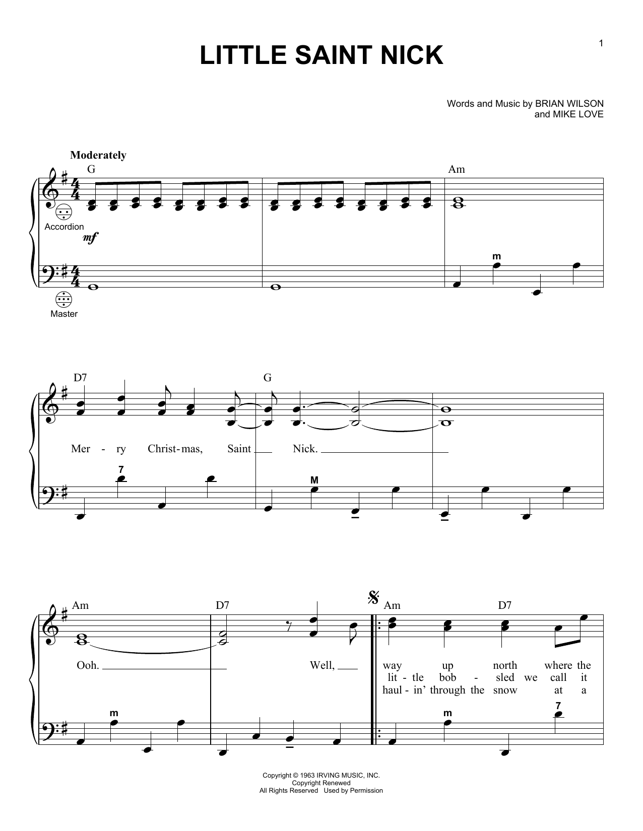 Learn to play The Beach Boys Little Saint Nick sheet music for Accordion in minutes. Price: 7.8900$ The Beach Boys Little Saint Nick sheet music notes and chords arranged for Accordion