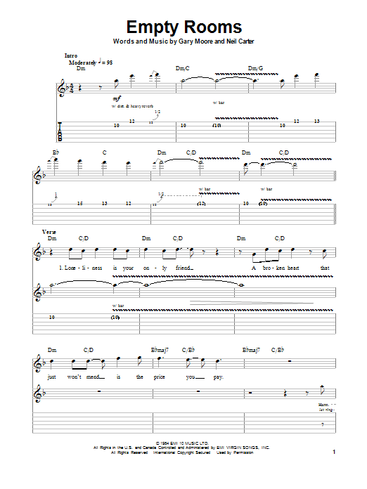 Gary Moore Empty Rooms sheet music notes and chords. Download Printable PDF.