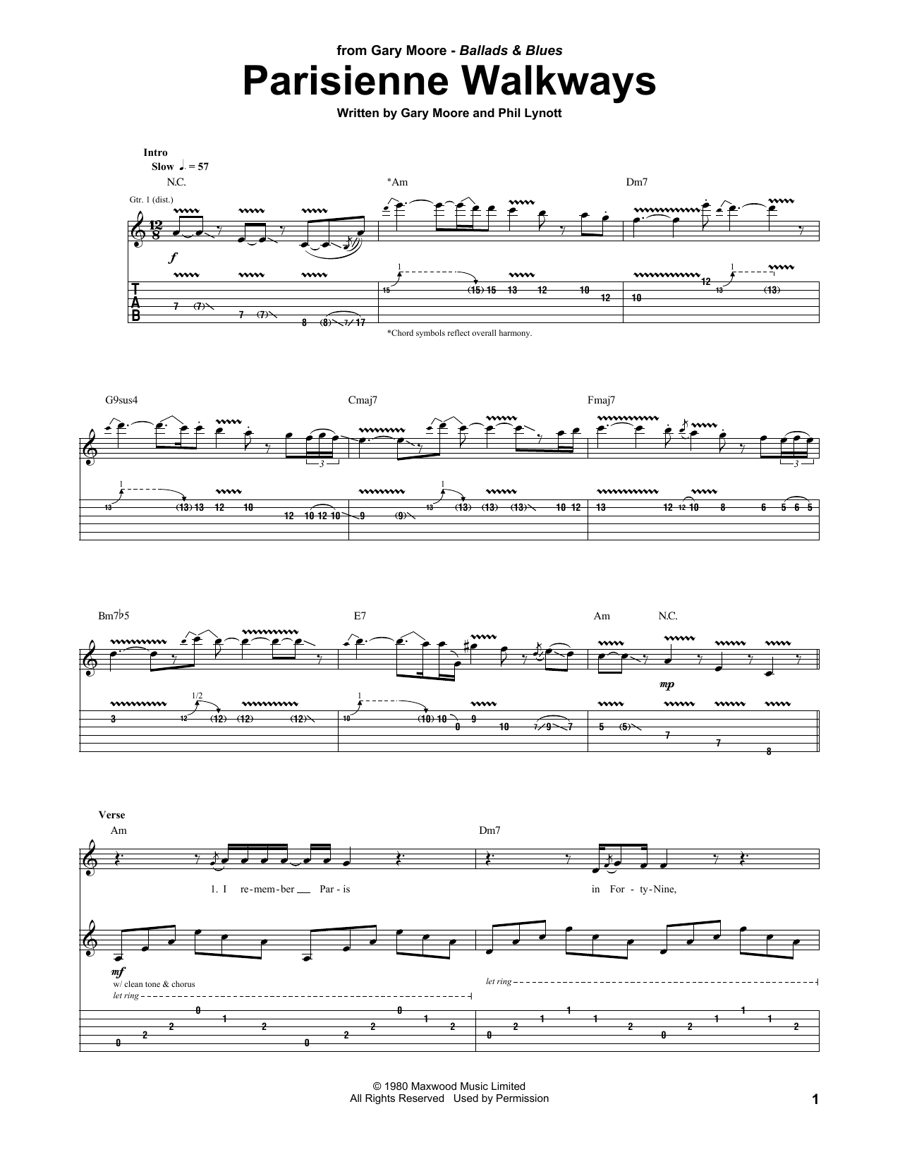 Gary Moore Parisienne Walkways sheet music notes and chords. Download Printable PDF.