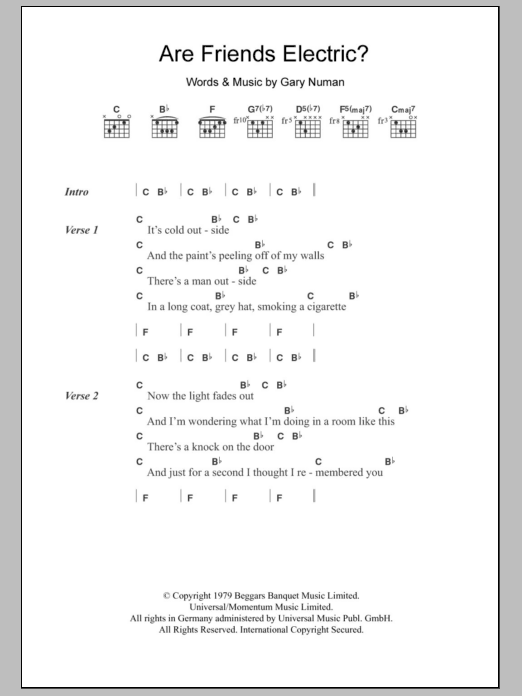 Gary Numan Are 'Friends' Electric? sheet music notes and chords. Download Printable PDF.