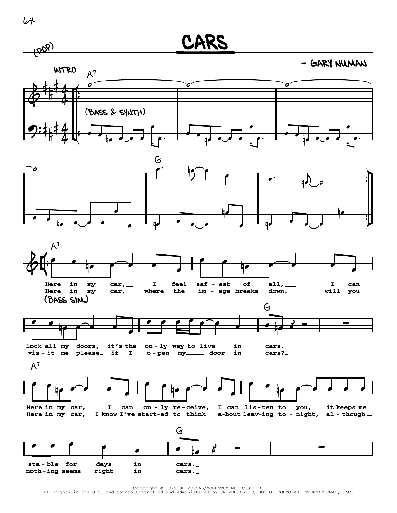 Gary Numan Cars sheet music notes and chords. Download Printable PDF.