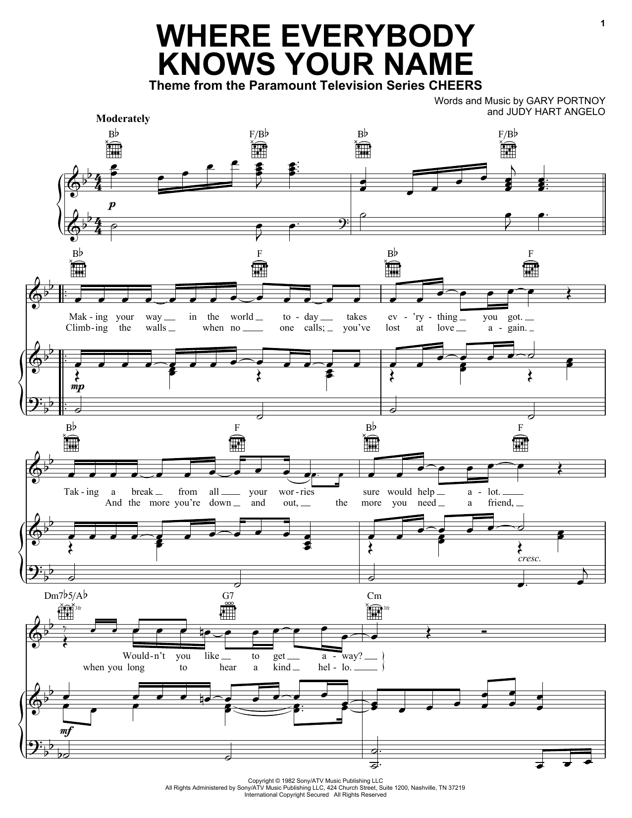 Gary Portnoy Where Everybody Knows Your Name (from Cheers) sheet music notes and chords. Download Printable PDF.