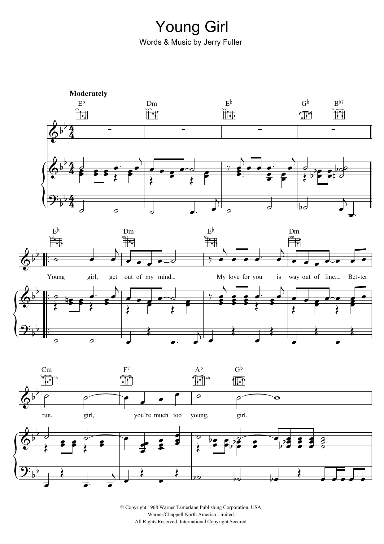 Learn to play Gary Puckett & The Union Gap Young Girl sheet music for Piano, Vocal & Guitar Chords (Right-Hand Melody) in minutes. Price: 7.8900$ Gary Puckett & The Union Gap Young Girl sheet music notes and chords arranged for Piano, Vocal & Guitar Chords (Right-Hand Melody)
