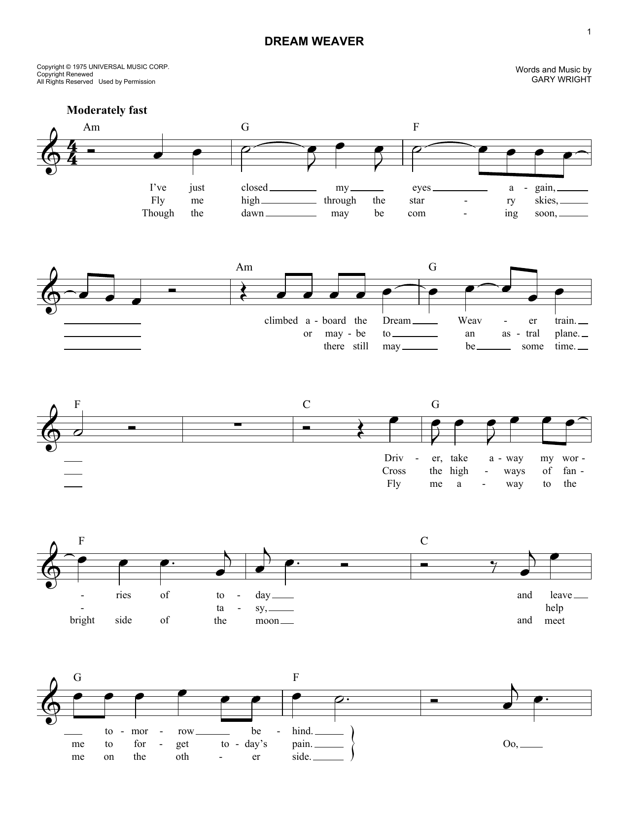 Gary Wright Dream Weaver sheet music notes and chords. Download Printable PDF.