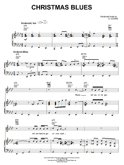 Learn to play Gatemouth Moore Christmas Blues sheet music for Piano, Vocal & Guitar Chords (Right-Hand Melody) in minutes. Price: 7.8900$ Gatemouth Moore Christmas Blues sheet music notes and chords arranged for Piano, Vocal & Guitar Chords (Right-Hand Melody)