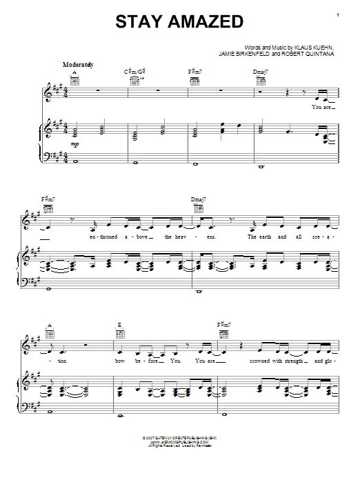 Learn to play Robert Quintana Stay Amazed sheet music for Piano, Vocal & Guitar Chords (Right-Hand Melody) in minutes. Price: 7.8900$ Robert Quintana Stay Amazed sheet music notes and chords arranged for Piano, Vocal & Guitar Chords (Right-Hand Melody)