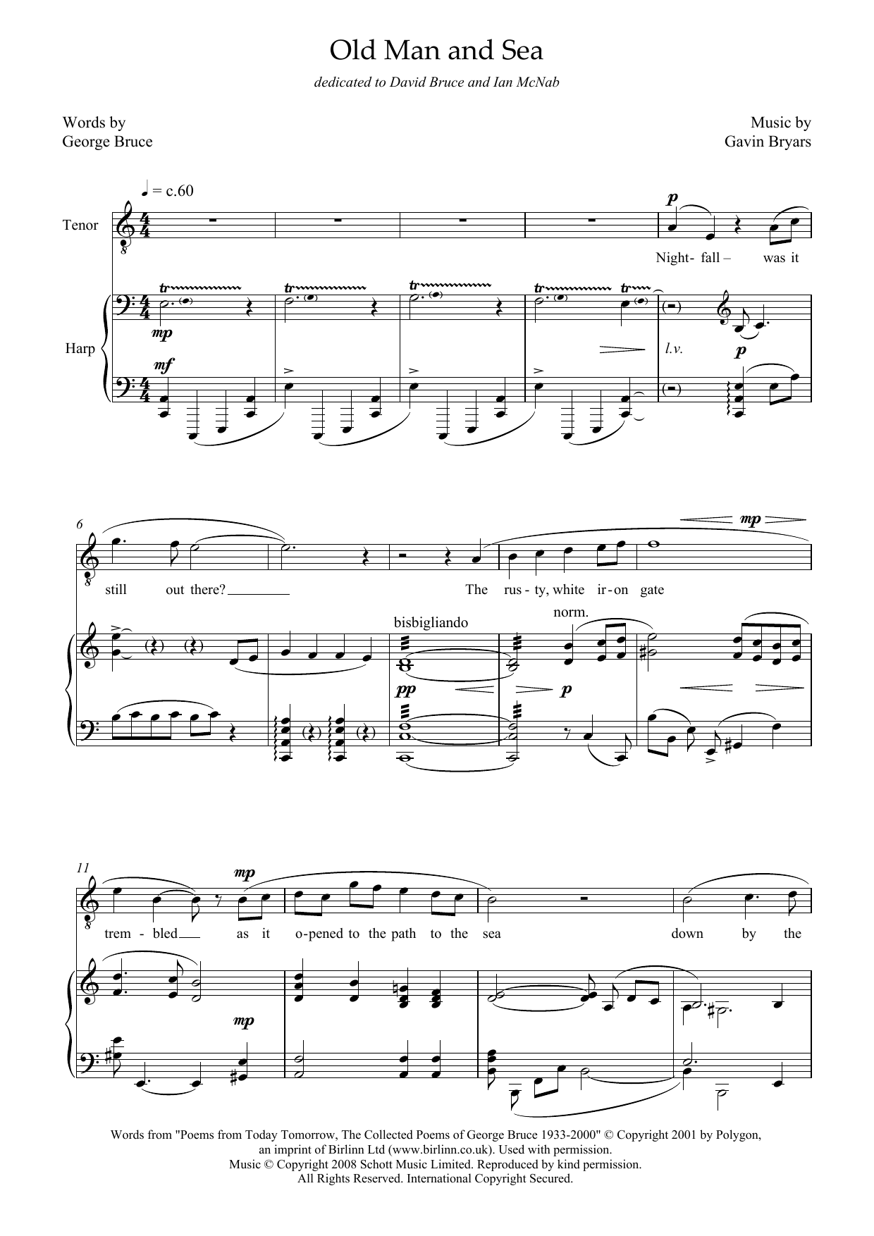 Gavin Bryars Old Man and Sea (for tenor & harp) sheet music notes and chords arranged for Piano & Vocal