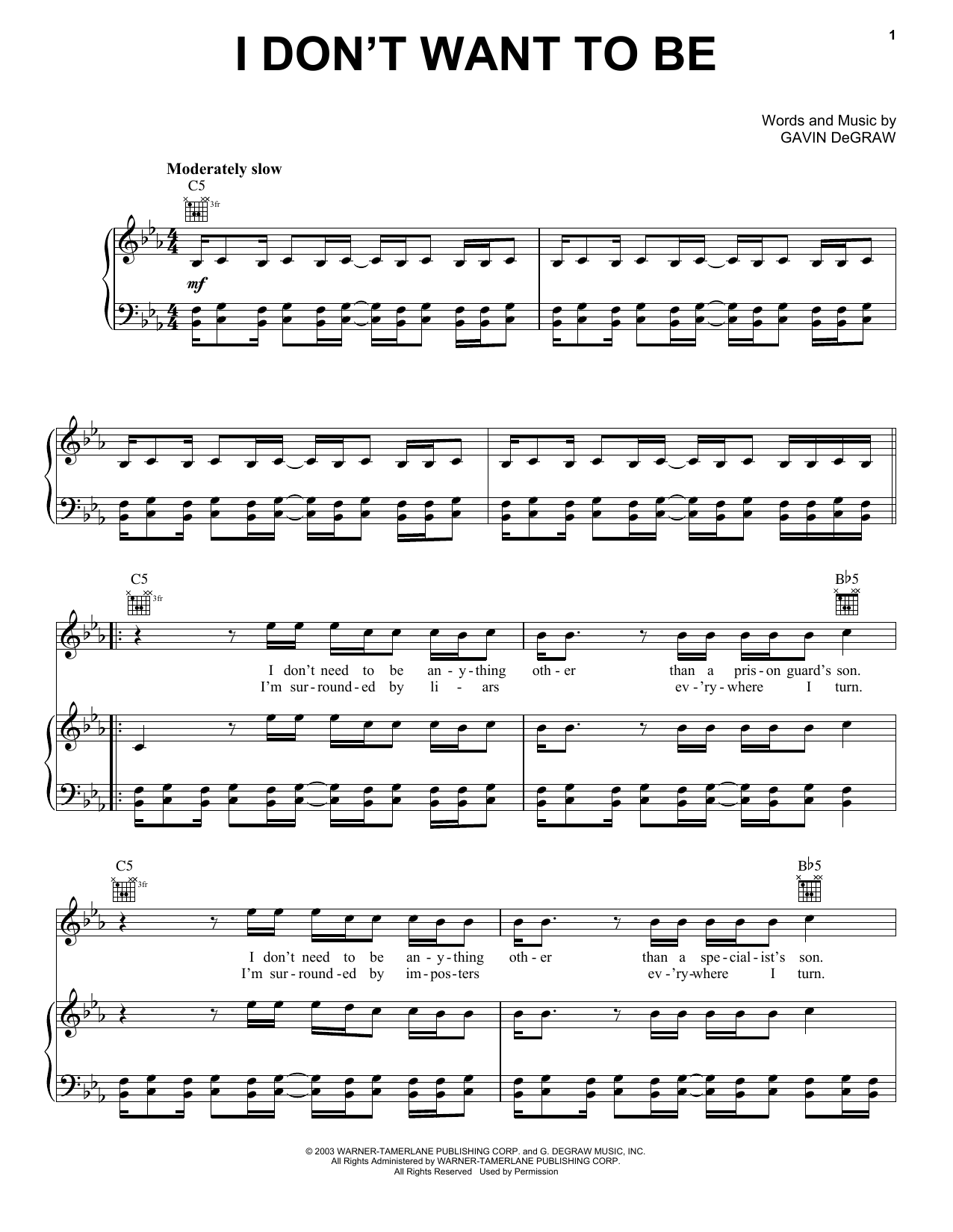 Gavin DeGraw I Don't Want To Be sheet music notes and chords. Download Printable PDF.