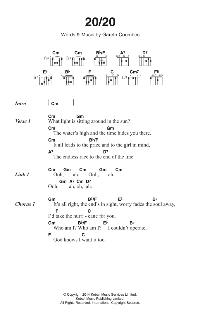 Learn to play Gaz Coombes 20/20 sheet music for Piano & Vocal in minutes. Price: 7.8900$ Gaz Coombes 20/20 sheet music notes and chords arranged for Piano & Vocal