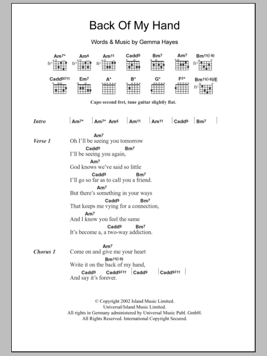 Gemma Hayes Back Of My Hand sheet music notes and chords. Download Printable PDF.