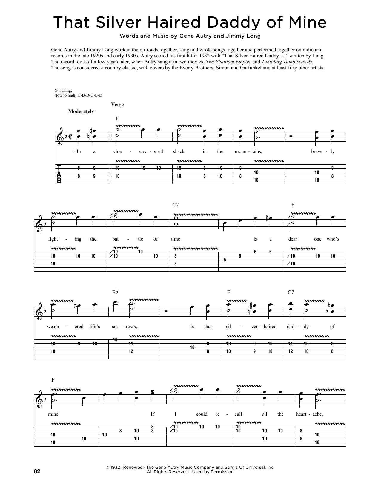 Learn to play Gene Autry and Jimmy Long That Silver Haired Daddy Of Mine (arr. Fred Sokolow) sheet music for Guitar Tab in minutes. Price: 7.8900$ Gene Autry and Jimmy Long That Silver Haired Daddy Of Mine (arr. Fred Sokolow) sheet music notes and chords arranged for Guitar Tab
