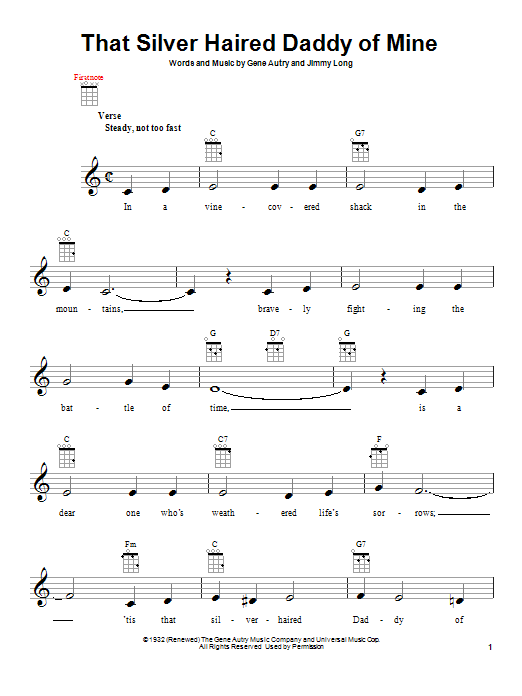 Learn to play Gene Autry and Jimmy Long That Silver Haired Daddy Of Mine sheet music for Ukulele in minutes. Price: 5.9900$ Gene Autry and Jimmy Long That Silver Haired Daddy Of Mine sheet music notes and chords arranged for Ukulele
