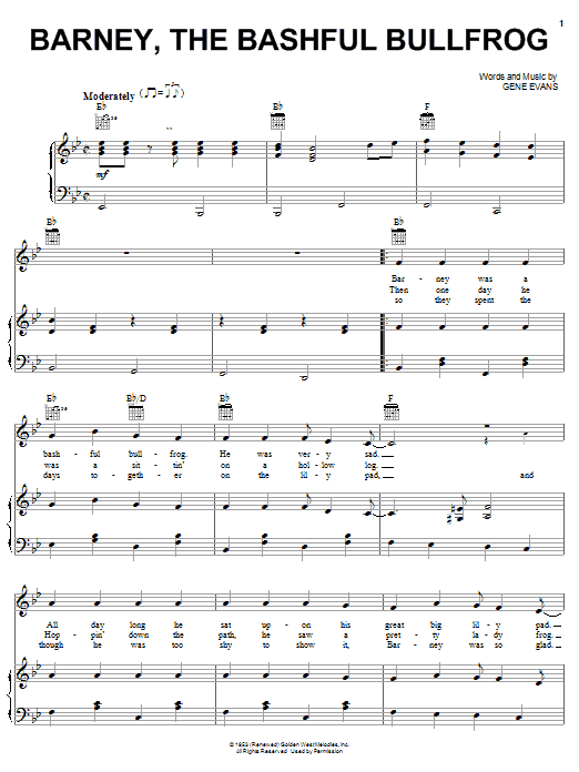 Learn to play Gene Autry Barney, The Bashful Bullfrog sheet music for Piano, Vocal & Guitar Chords (Right-Hand Melody) in minutes. Price: 7.8900$ Gene Autry Barney, The Bashful Bullfrog sheet music notes and chords arranged for Piano, Vocal & Guitar Chords (Right-Hand Melody)