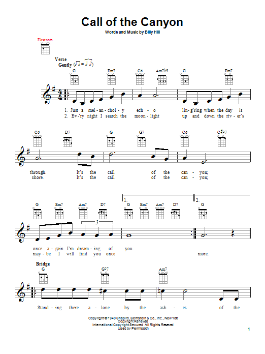 Learn to play Gene Autry Call Of The Canyon sheet music for Ukulele in minutes. Price: 5.9900$ Gene Autry Call Of The Canyon sheet music notes and chords arranged for Ukulele