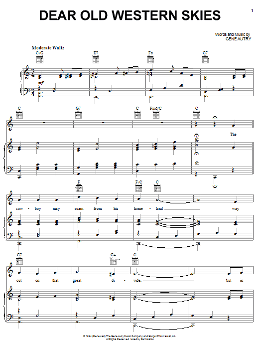 Learn to play Gene Autry Dear Old Western Skies sheet music for Ukulele in minutes. Price: 5.9900$ Gene Autry Dear Old Western Skies sheet music notes and chords arranged for Ukulele