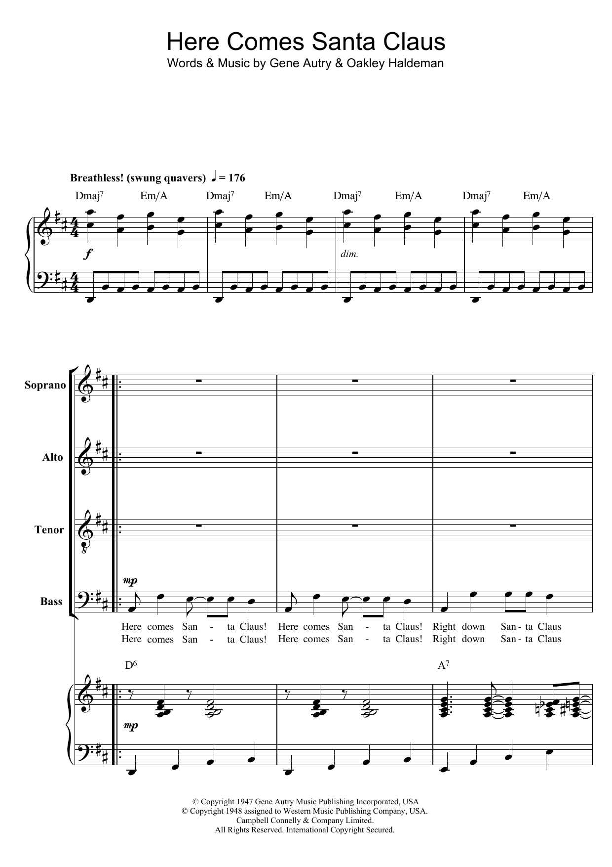 Gene Autry Here Comes Santa Claus (Right Down Santa Claus Lane) (arr. Berty Rice) sheet music notes and chords. Download Printable PDF.