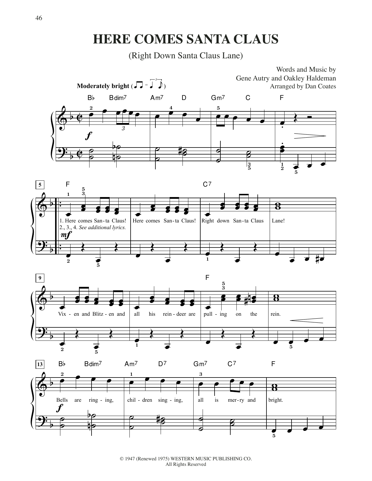 Gene Autry Here Comes Santa Claus (Right Down Santa Claus Lane) (arr. Dan Coates) sheet music notes and chords. Download Printable PDF.