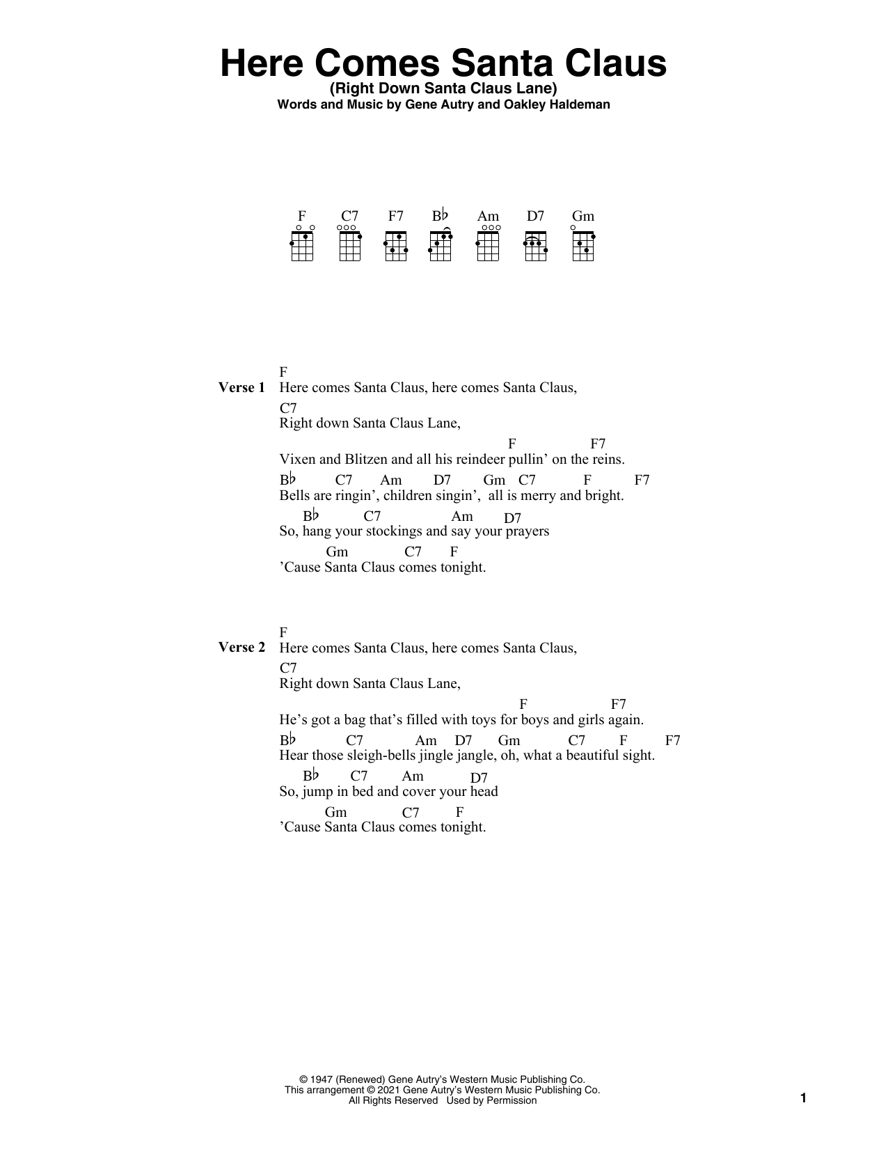 Learn to play Gene Autry Here Comes Santa Claus (Right Down Santa Claus Lane) (arr. Fred Sokolow) sheet music for Ukulele in minutes. Price: 5.9900$ Gene Autry Here Comes Santa Claus (Right Down Santa Claus Lane) (arr. Fred Sokolow) sheet music notes and chords arranged for Ukulele