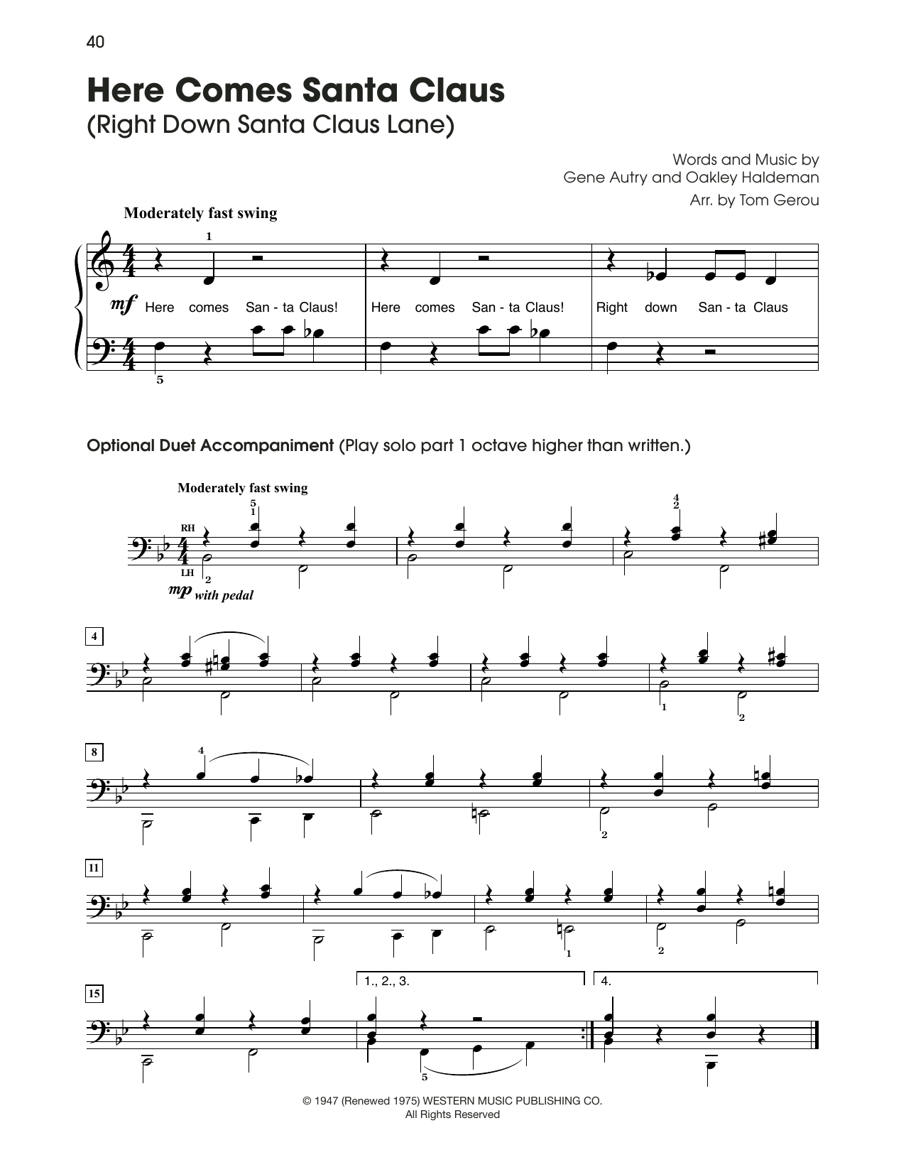 Gene Autry Here Comes Santa Claus (Right Down Santa Claus Lane) (arr. Tom Gerou) sheet music notes and chords. Download Printable PDF.