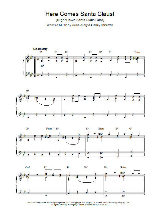 Learn to play Gene Autry Here Comes Santa Claus (Right Down Santa Claus Lane) sheet music for Piano Solo in minutes. Price: 7.8900$ Gene Autry Here Comes Santa Claus (Right Down Santa Claus Lane) sheet music notes and chords arranged for Piano Solo