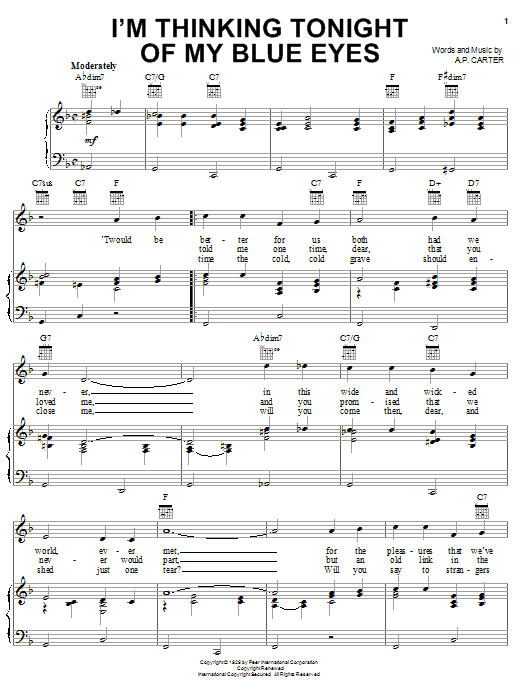 A.P. Carter I'm Thinking Tonight Of My Blue Eyes sheet music notes and chords arranged for Piano, Vocal & Guitar Chords