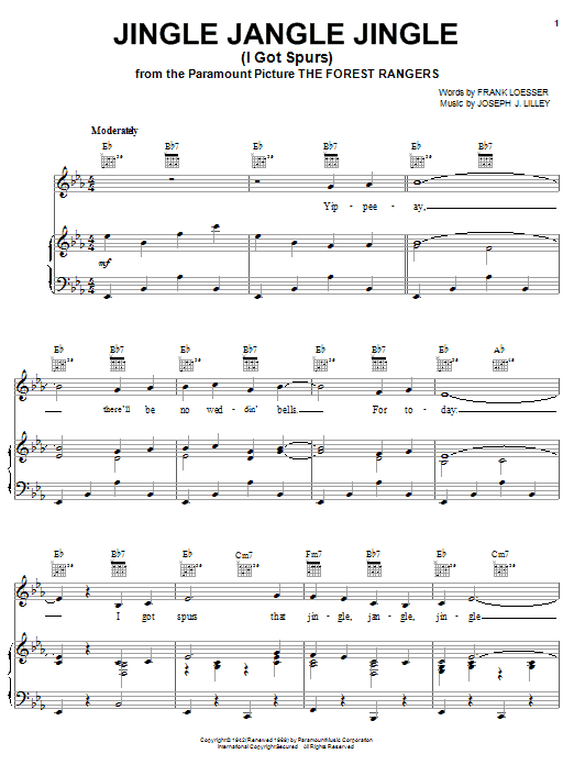 Learn to play Gene Autry Jingle Jangle Jingle (I Got Spurs) sheet music for Piano, Vocal & Guitar Chords (Right-Hand Melody) in minutes. Price: 7.8900$ Gene Autry Jingle Jangle Jingle (I Got Spurs) sheet music notes and chords arranged for Piano, Vocal & Guitar Chords (Right-Hand Melody)