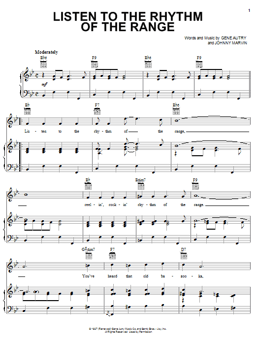 Learn to play Gene Autry Listen To The Rhythm Of The Range sheet music for Piano, Vocal & Guitar Chords (Right-Hand Melody) in minutes. Price: 7.8900$ Gene Autry Listen To The Rhythm Of The Range sheet music notes and chords arranged for Piano, Vocal & Guitar Chords (Right-Hand Melody)