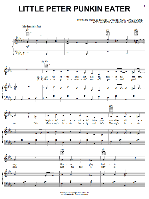 Learn to play Gene Autry Little Peter Punkin Eater sheet music for Piano, Vocal & Guitar Chords (Right-Hand Melody) in minutes. Price: 7.8900$ Gene Autry Little Peter Punkin Eater sheet music notes and chords arranged for Piano, Vocal & Guitar Chords (Right-Hand Melody)